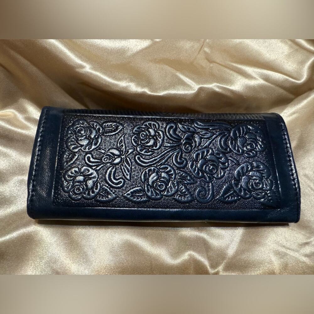 Artisan Mexican Leather Hand Embossed Floral Navy Wallet New